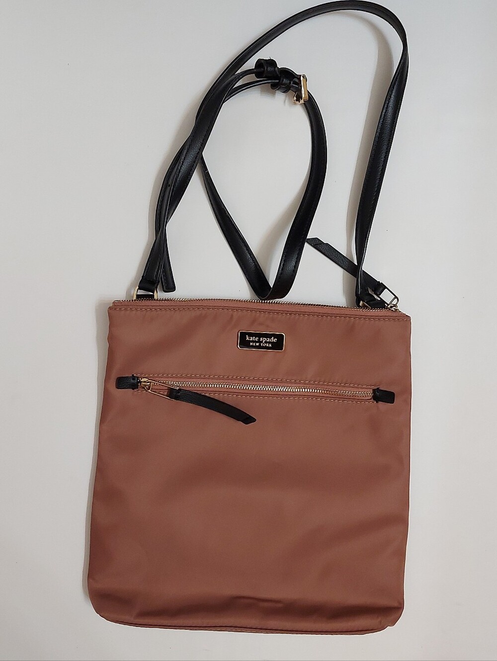 kate spade Blush Brown Crossbody with Black Strap and Gold Accents